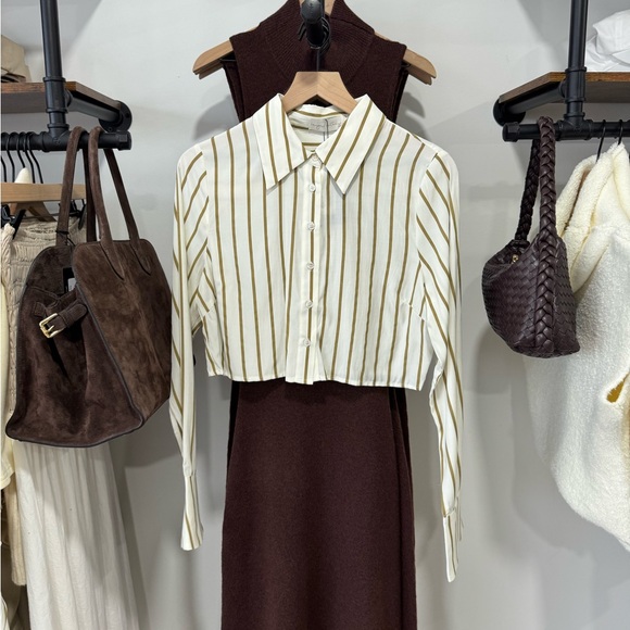 Ivory and Tan Striped Cropped Button-Down Top - Picture 5 of 6